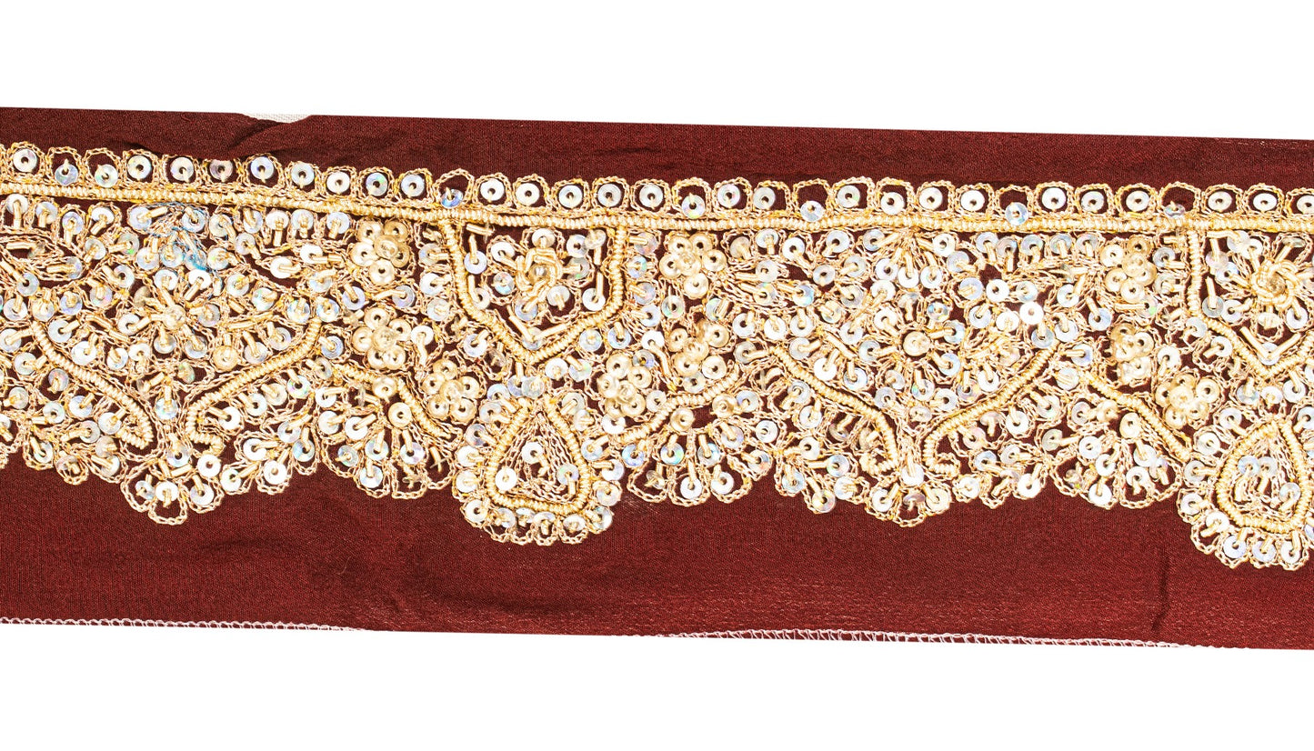 Sanskriti Vintage Saree Border Hand Beaded Craft 1YD Trims Lace 2W Brown
