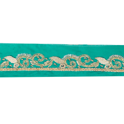 Sanskriti Vintage Saree Border Hand Beaded Zari 1yd Trims Indian Ribbon Green
