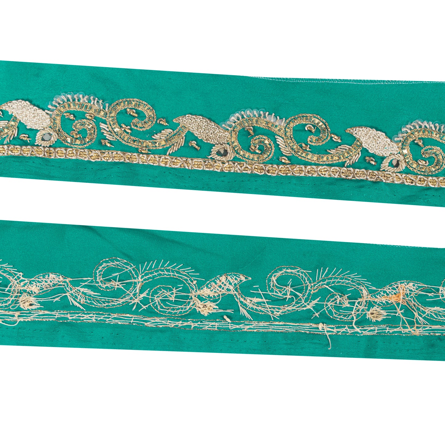 Sanskriti Vintage Saree Border Hand Beaded Zari 1yd Trims Indian Ribbon Green