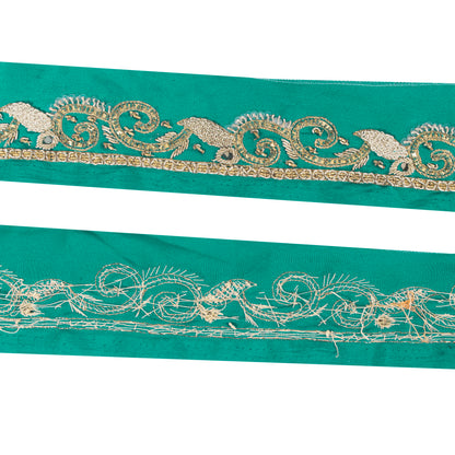 Sanskriti Vintage Saree Border Hand Beaded Zari 1yd Trims Indian Ribbon Green