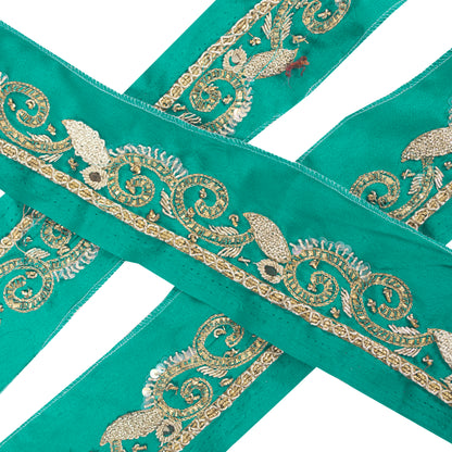 Sanskriti Vintage Saree Border Hand Beaded Zari 1yd Trims Indian Ribbon Green