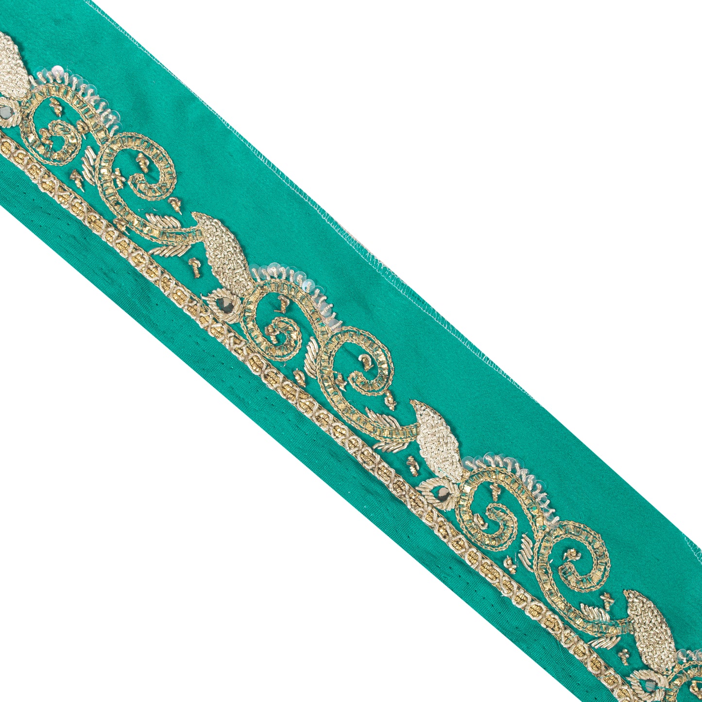 Sanskriti Vintage Saree Border Hand Beaded Zari 1yd Trims Indian Ribbon Green