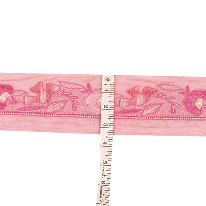 Sanskriti Vintage Saree Border Hand Beaded Craft Trims 1 YD  Pure Silk Pink Lace