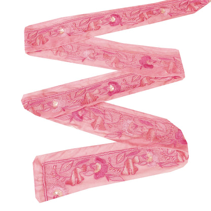 Sanskriti Vintage Saree Border Hand Beaded Craft Trims 1 YD  Pure Silk Pink Lace