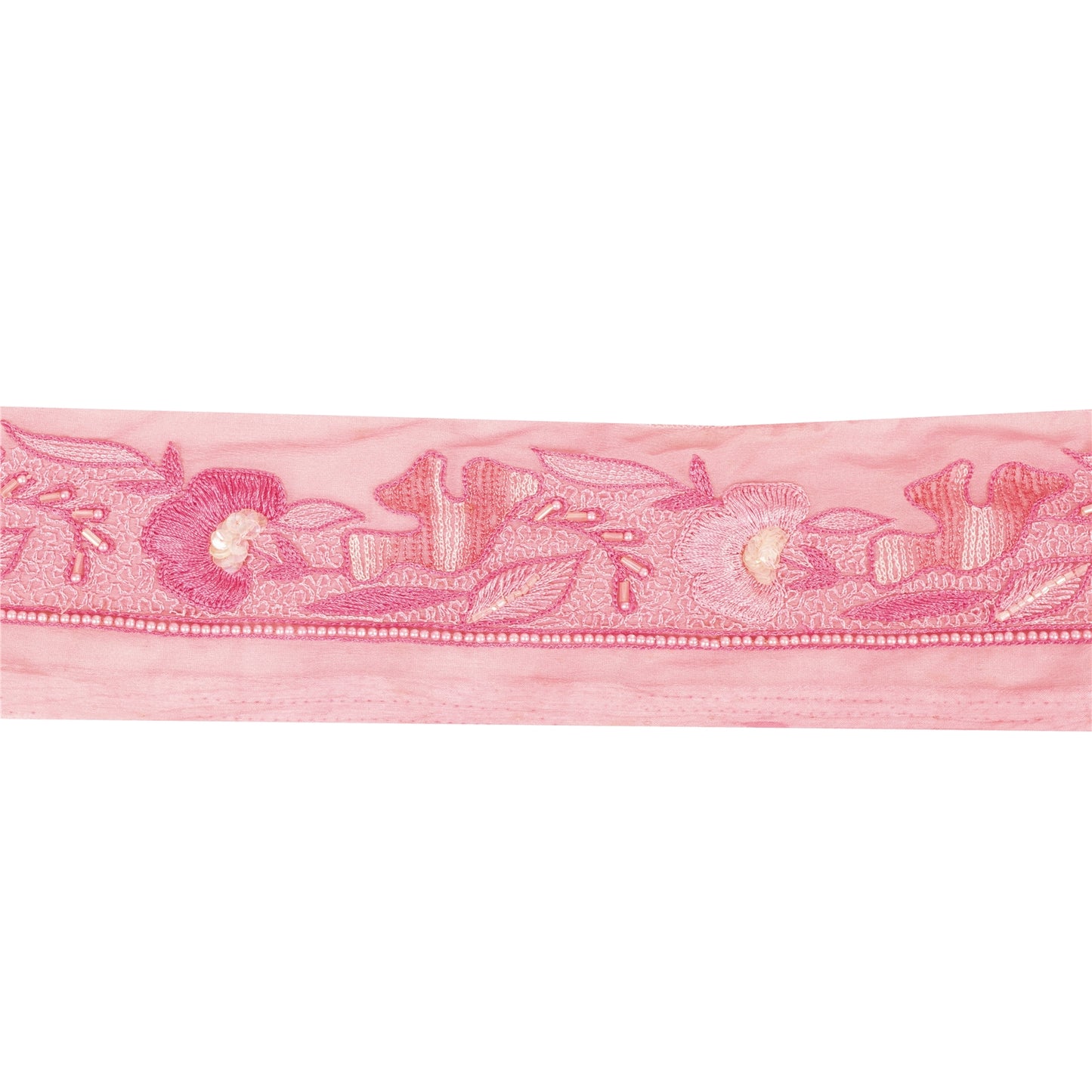 Sanskriti Vintage Saree Border Hand Beaded Craft Trims 1 YD  Pure Silk Pink Lace