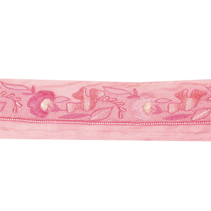 Sanskriti Vintage Saree Border Hand Beaded Craft Trims 1 YD  Pure Silk Pink Lace