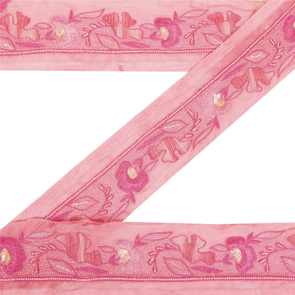 Sanskriti Vintage Saree Border Hand Beaded Craft Trims 1 YD  Pure Silk Pink Lace