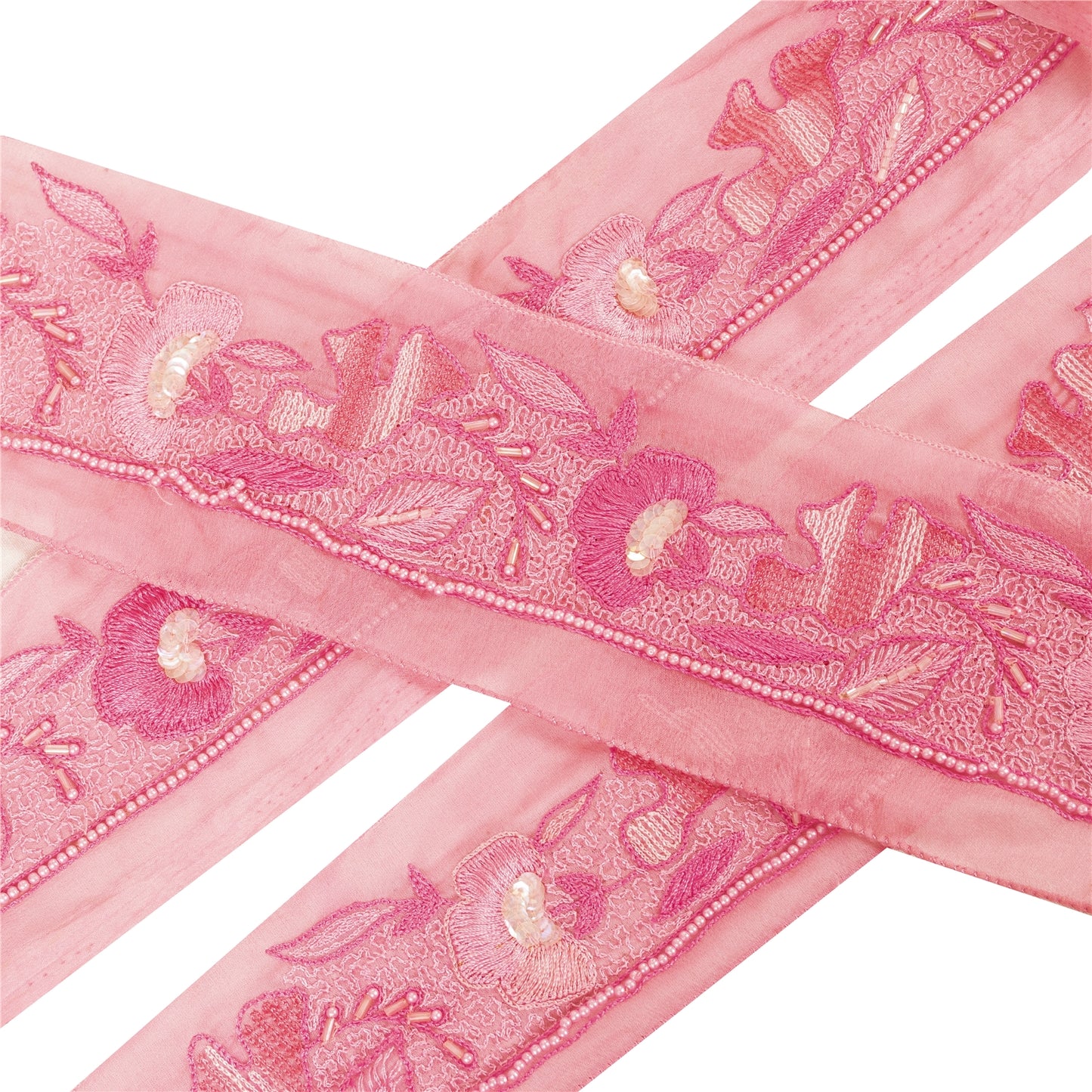 Sanskriti Vintage Saree Border Hand Beaded Craft Trims 1 YD  Pure Silk Pink Lace