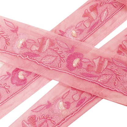 Sanskriti Vintage Saree Border Hand Beaded Craft Trims 1 YD  Pure Silk Pink Lace
