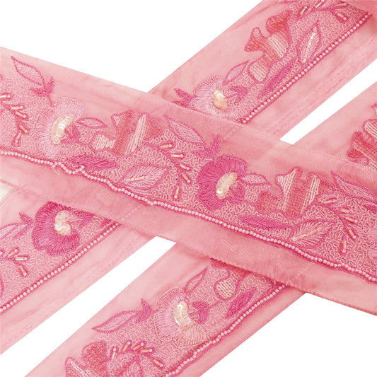 Sanskriti Vintage Saree Border Hand Beaded Craft Trims 1 YD  Pure Silk Pink Lace