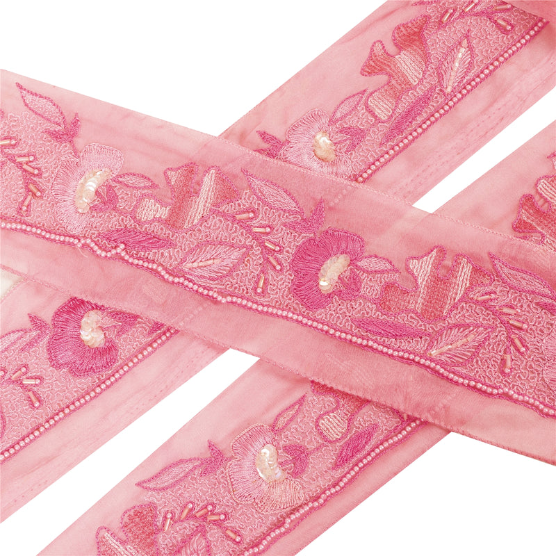 Sanskriti Vintage Saree Border Hand Beaded Craft Trims 1 YD  Pure Silk Pink Lace