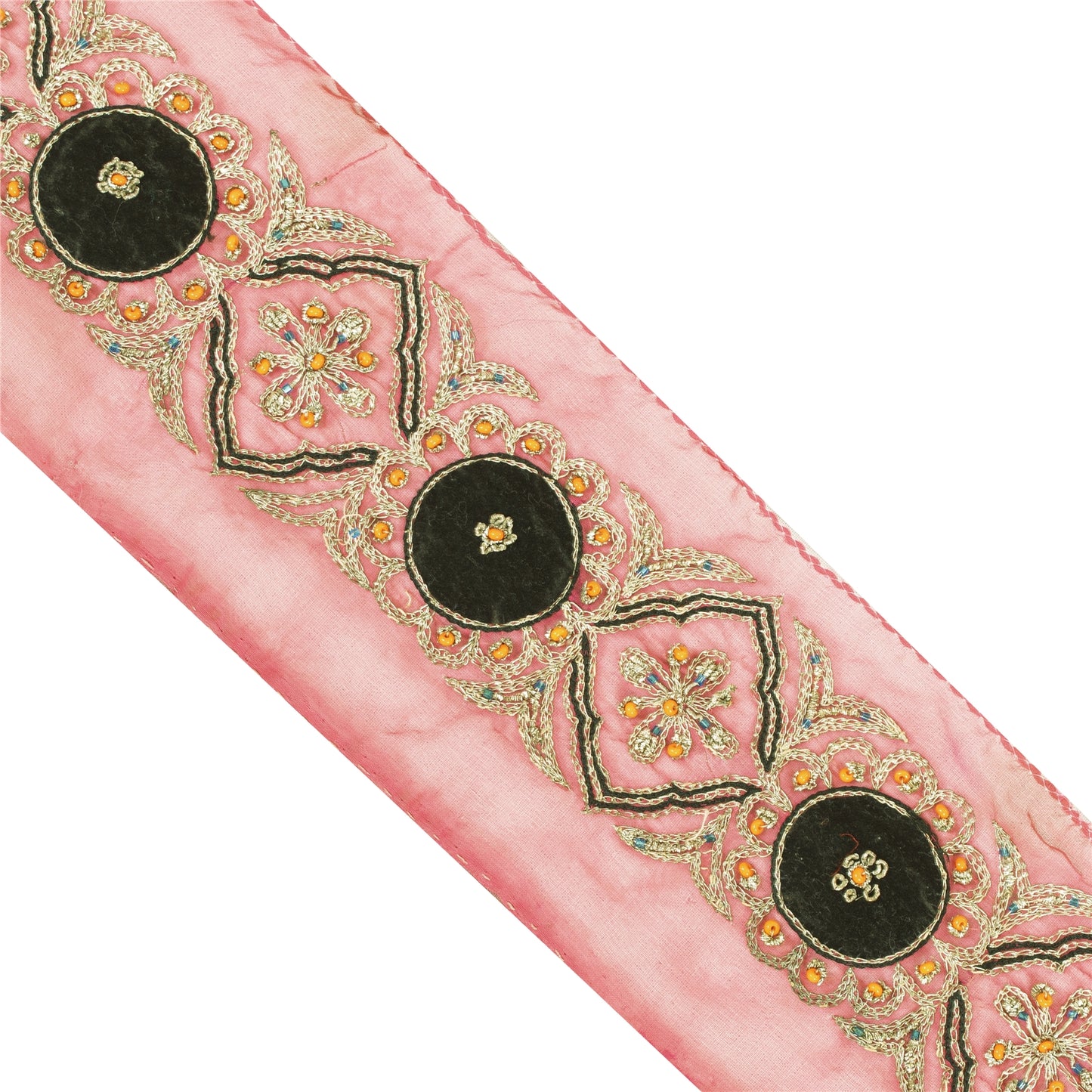 Sanskriti Vintage Sari Border Hand Beaded Zari Zardozi Craft 1yd Trims Lace Pink