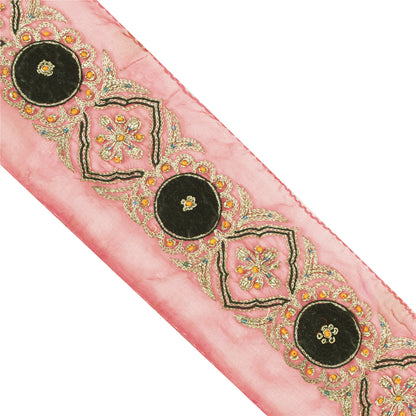 Sanskriti Vintage Sari Border Hand Beaded Zari Zardozi Craft 1yd Trims Lace Pink