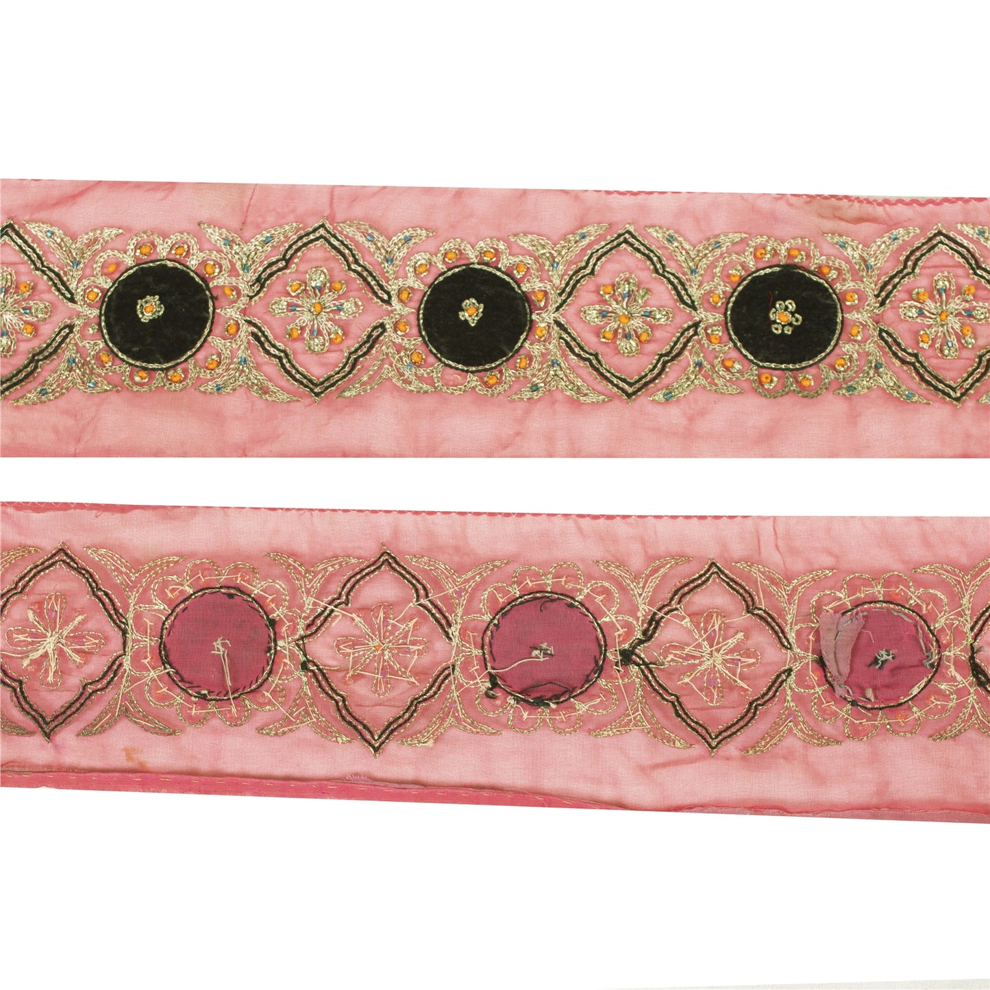 Sanskriti Vintage Sari Border Hand Beaded Zari Zardozi Craft 1yd Trims Lace Pink
