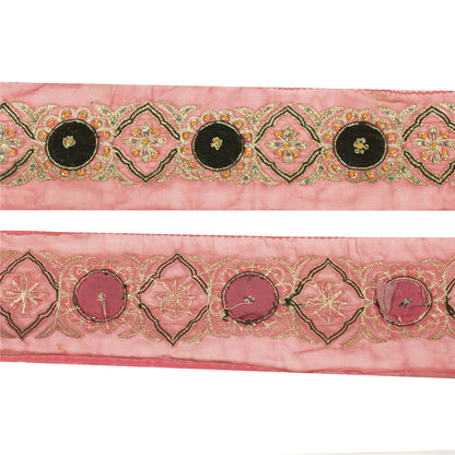 Sanskriti Vintage Sari Border Hand Beaded Zari Zardozi Craft 1yd Trims Lace Pink