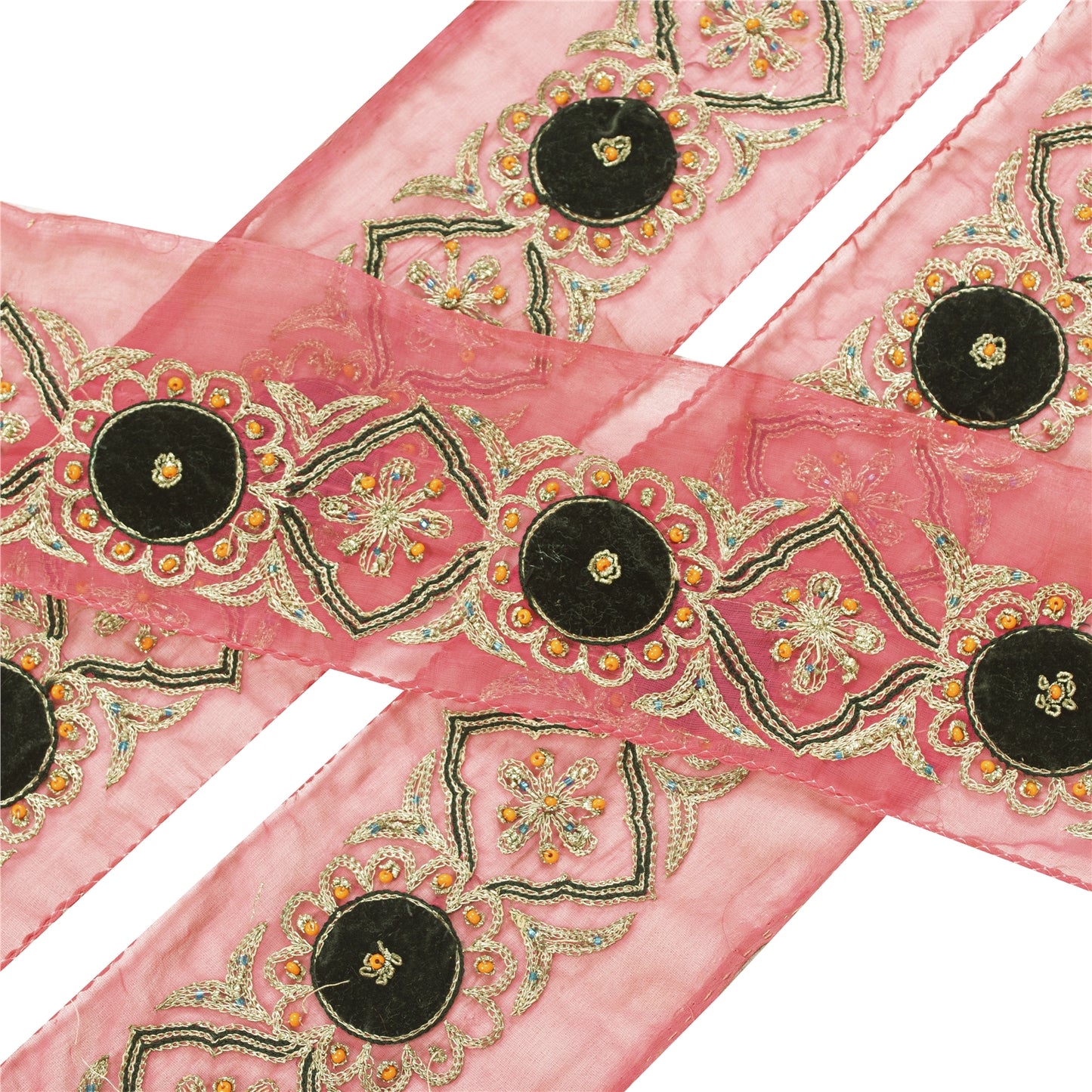 Sanskriti Vintage Sari Border Hand Beaded Zari Zardozi Craft 1yd Trims Lace Pink