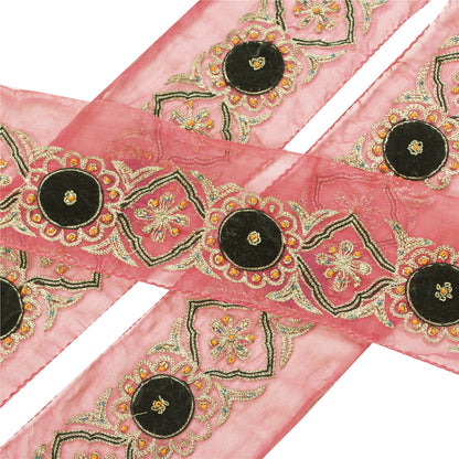 Sanskriti Vintage Sari Border Hand Beaded Zari Zardozi Craft 1yd Trims Lace Pink