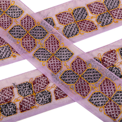 Sanskriti Vintage 1YD Sari Border Purple Organza Hand Embroidery Craft Trim Lace