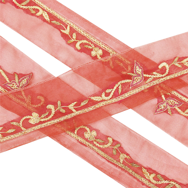 Sanskriti Vintage Saree Border Hand Embroidered Zardozi 1YD Trims 1W Ribbon Pink