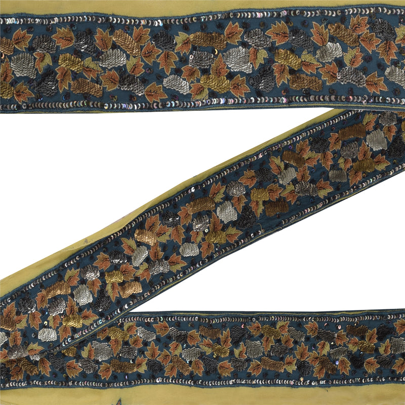Sanskriti Vintage Saree Border Hand Beaded Craft Indian Trims 1 YD Ribbon Blue