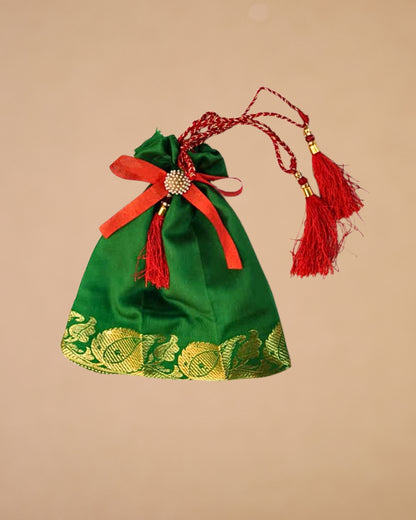 Sanskriti Festive Christmas Gifting Silk Bag/Pouch/Purse Set 4 Drawstring 7x7 In