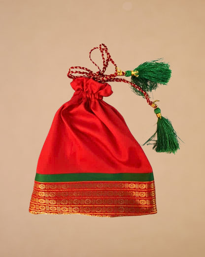 Sanskriti Festive Christmas Gifting Silk Bag/Pouch/Purse Set 4 Drawstring 7x7 In