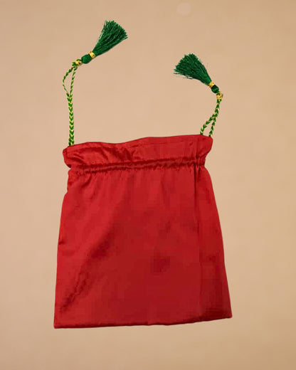 Sanskriti Festive Christmas Gifting Silk Bag/Pouch/Purse Set 4 Drawstring 7x7 In