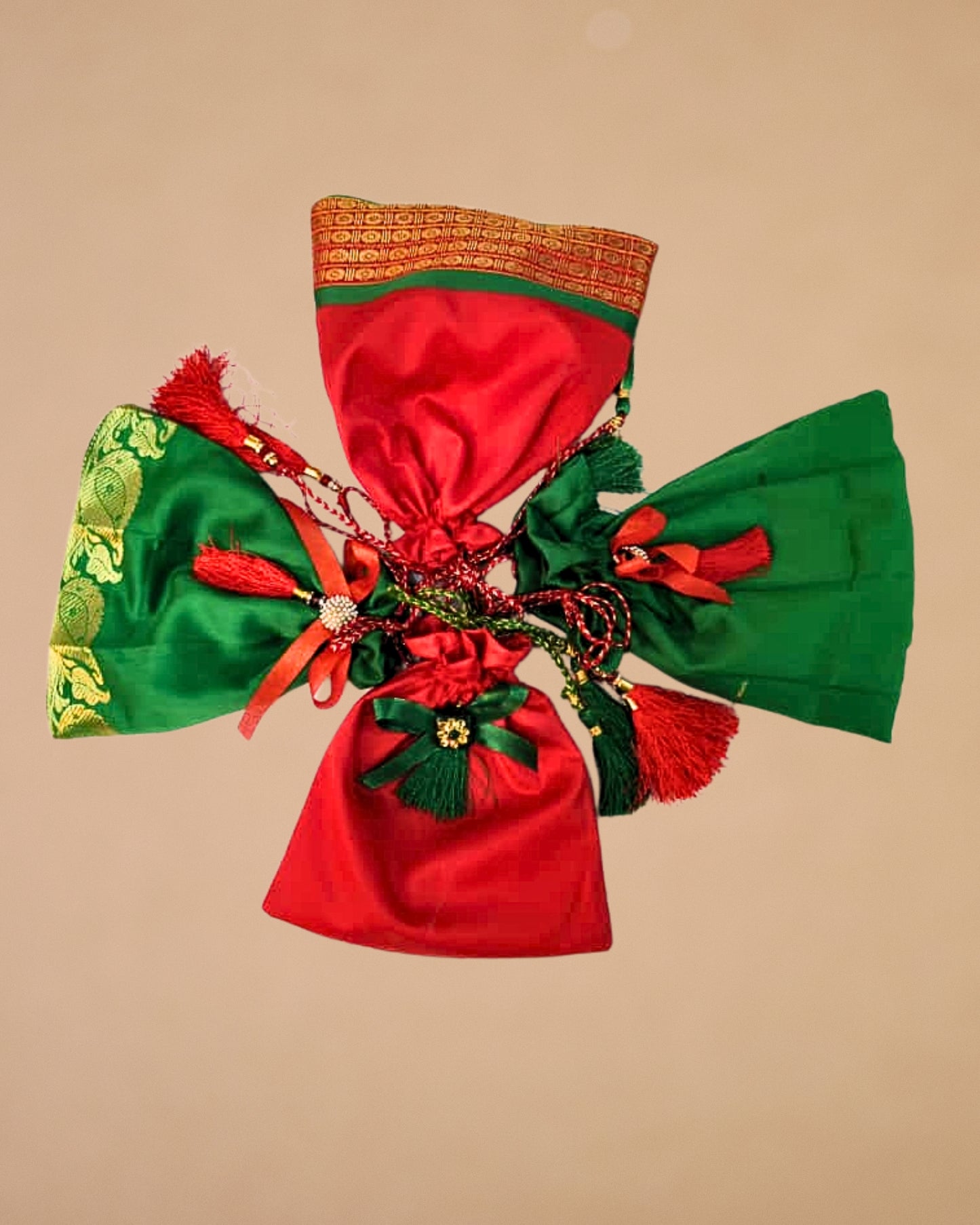 Sanskriti Festive Christmas Gifting Silk Bag/Pouch/Purse Set 4 Drawstring 7x7 In