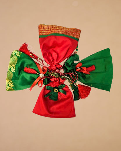 Sanskriti Festive Christmas Gifting Silk Bag/Pouch/Purse Set 4 Drawstring 7x7 In