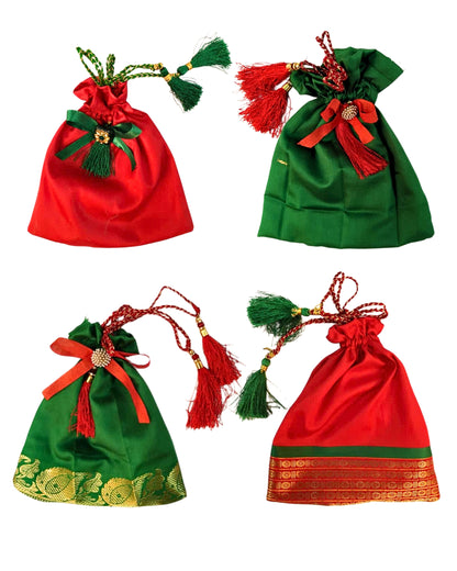Sanskriti Festive Christmas Gifting Silk Bag/Pouch/Purse Set 4 Drawstring 7x7 In