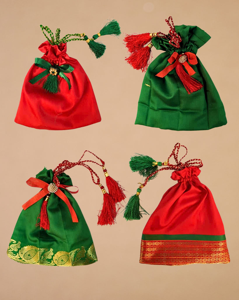 Sanskriti Festive Christmas Gifting Silk Bag/Pouch/Purse Set 4 Drawstring 7x7 In