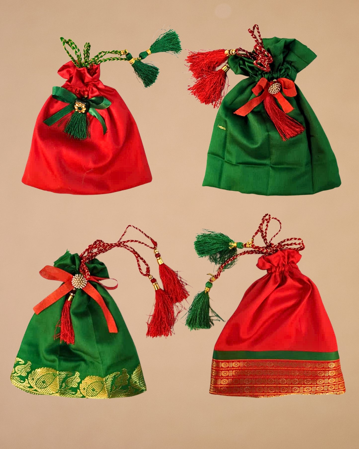 Sanskriti Festive Christmas Gifting Silk Bag/Pouch/Purse Set 4 Drawstring 7x7 In