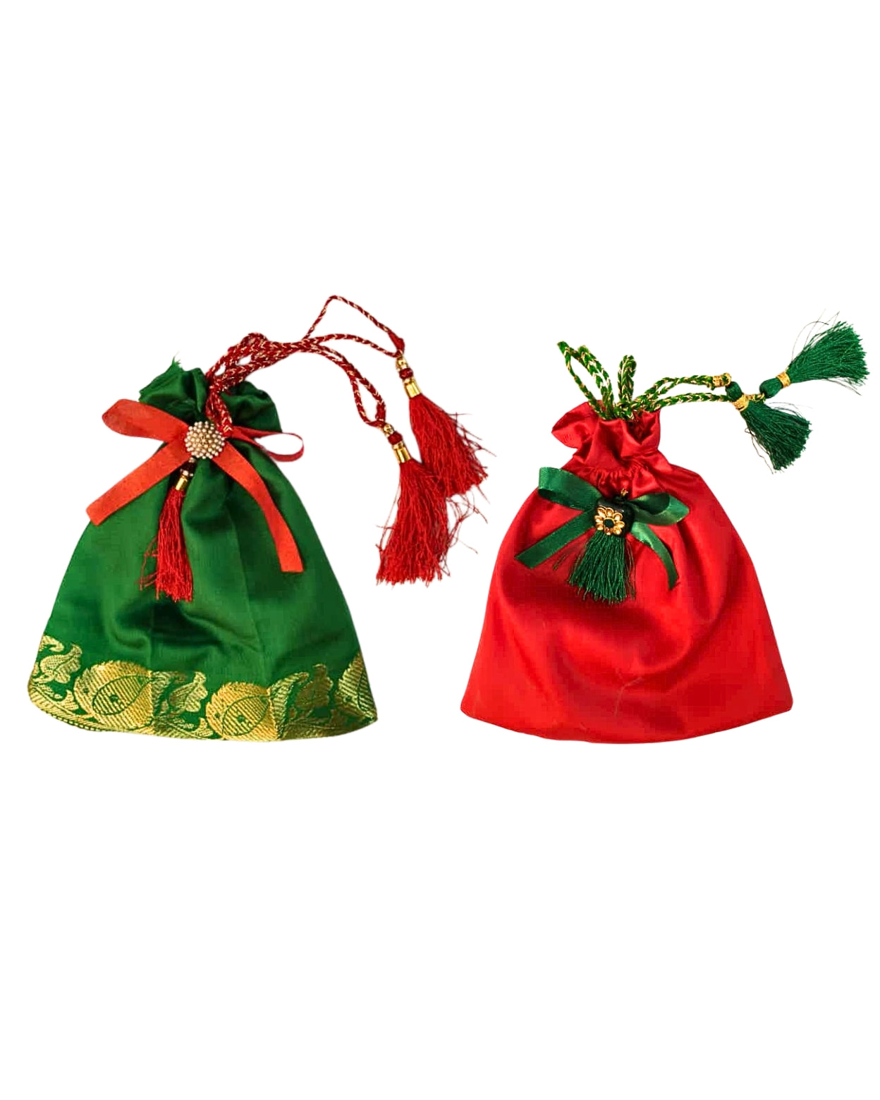 Sanskriti Festive Christmas Gifting Silk Bag/Pouch/Purse Set 4 Drawstring 7x7 In