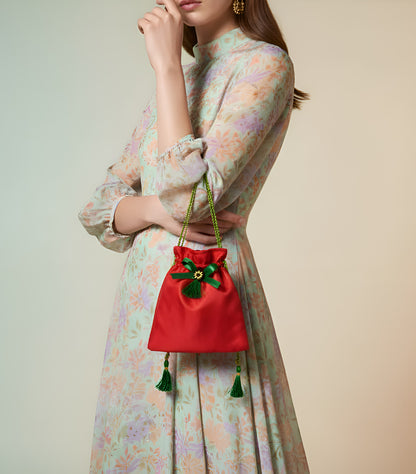 Sanskriti Festive Christmas Gifting Silk Bag/Pouch/Purse Set 4 Drawstring 7x7 In