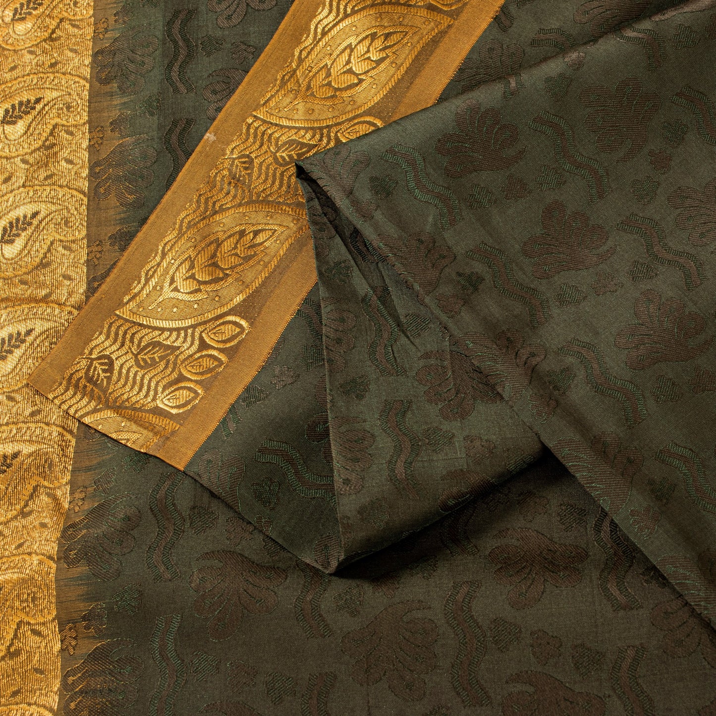 Sanskriti Vintage Dark Green & Golden Pure Silk Tanchoi Sarees Handcraft 5.5+Yd