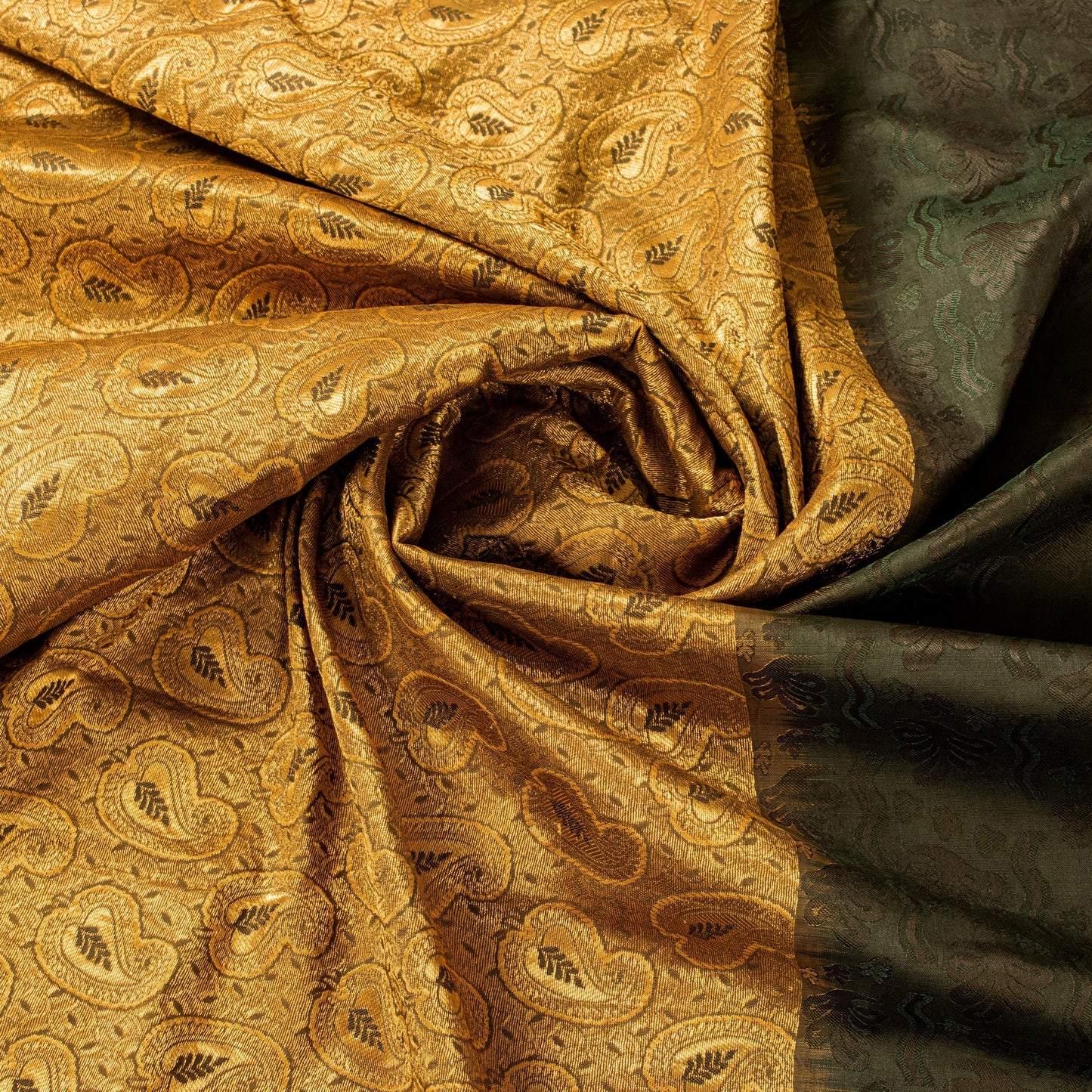 Sanskriti Vintage Dark Green & Golden Pure Silk Tanchoi Sarees Handcraft 5.5+Yd