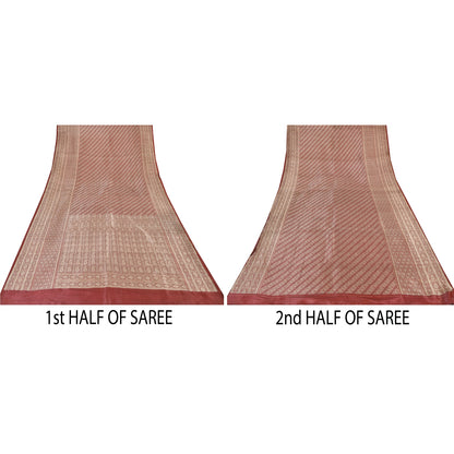 Sanskriti Vintage Red Sarees Pure Satin Silk Brocade/Banarasi Woven Fabric Sari