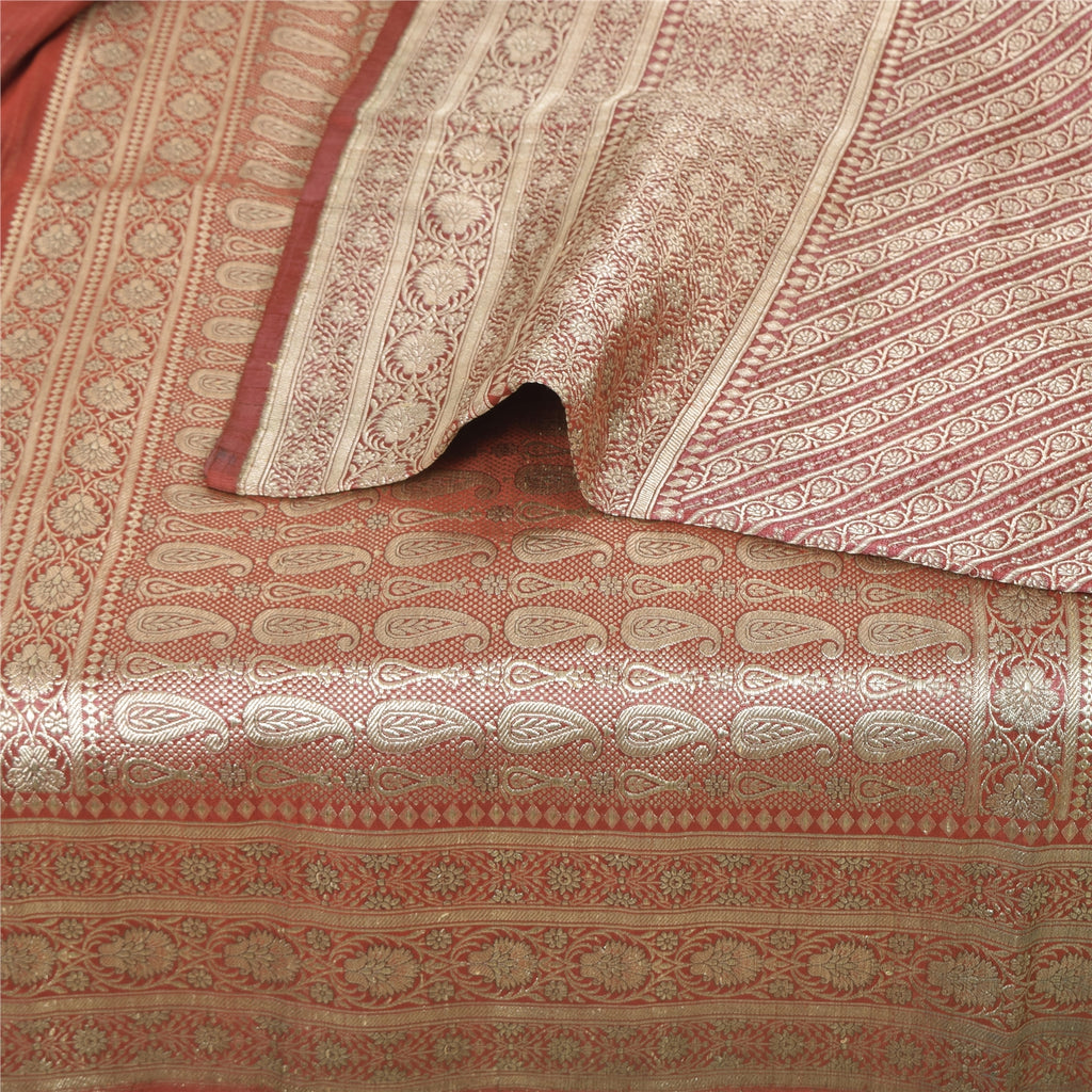 Sanskriti Vintage Red Sarees Pure Satin Silk Brocade/Banarasi Woven Fabric Sari