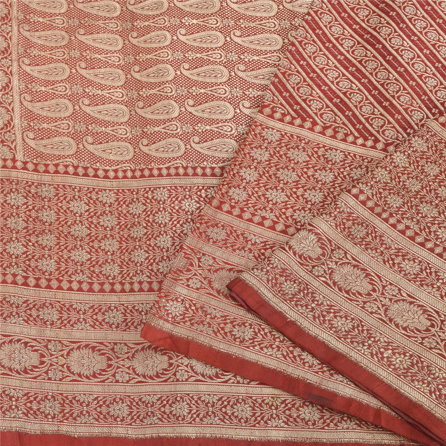 Sanskriti Vintage Red Sarees Pure Satin Silk Brocade/Banarasi Woven Fabric Sari