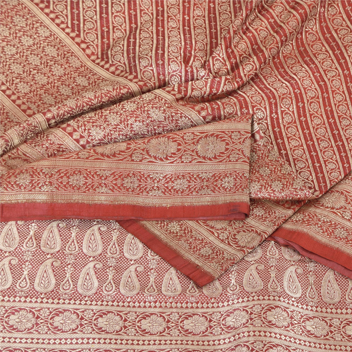 Sanskriti Vintage Red Sarees Pure Satin Silk Brocade/Banarasi Woven Fabric Sari