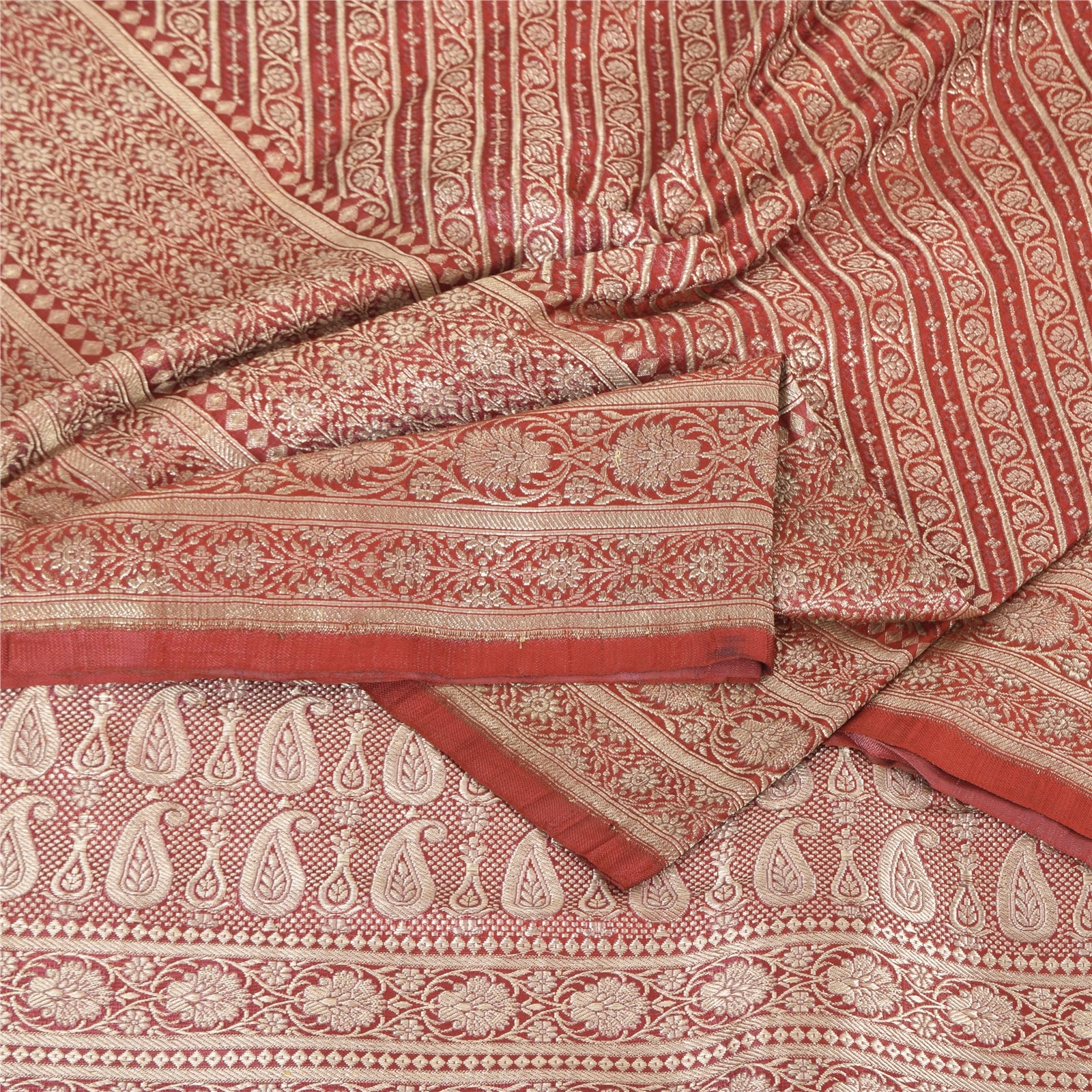 Sanskriti Vintage Red Sarees Pure Satin Silk Brocade/Banarasi Woven Fabric Sari