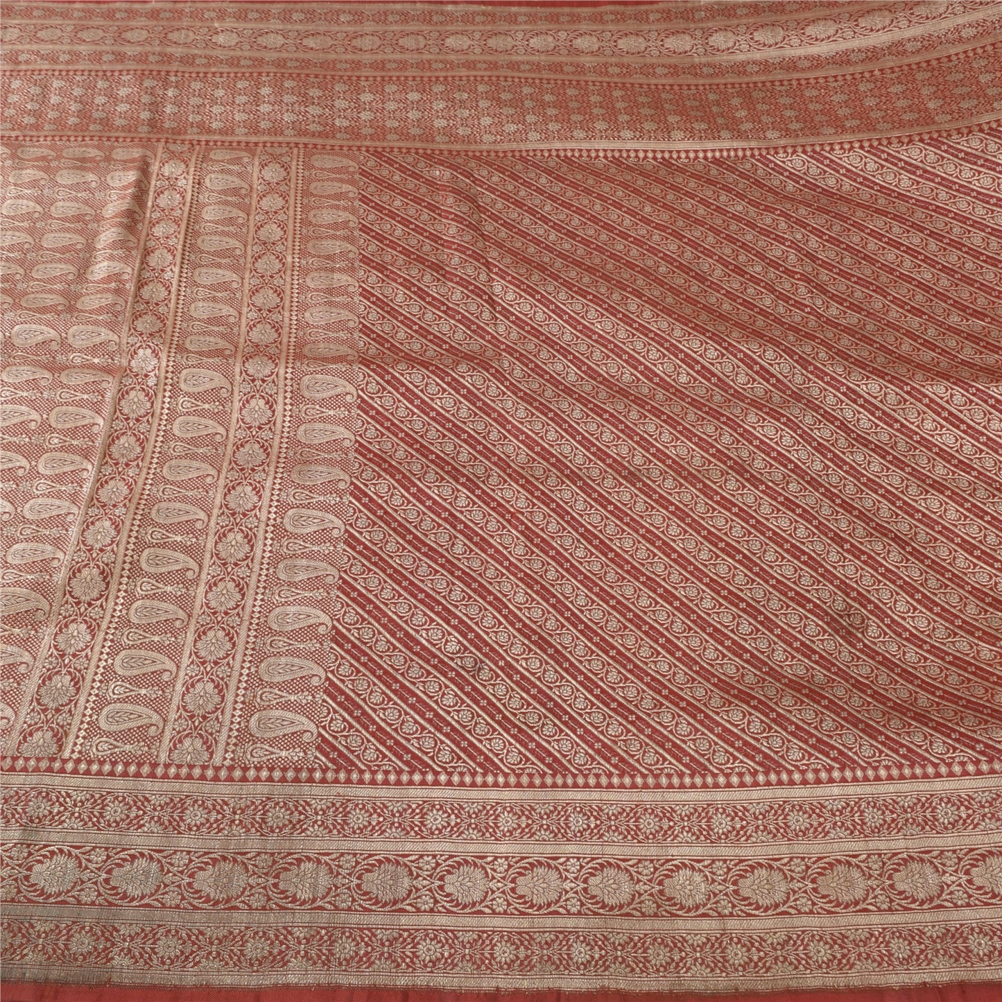 Sanskriti Vintage Red Sarees Pure Satin Silk Brocade/Banarasi Woven Fabric Sari