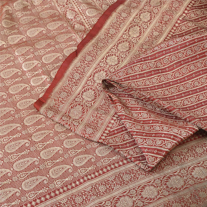 Sanskriti Vintage Red Sarees Pure Satin Silk Brocade/Banarasi Woven Fabric Sari