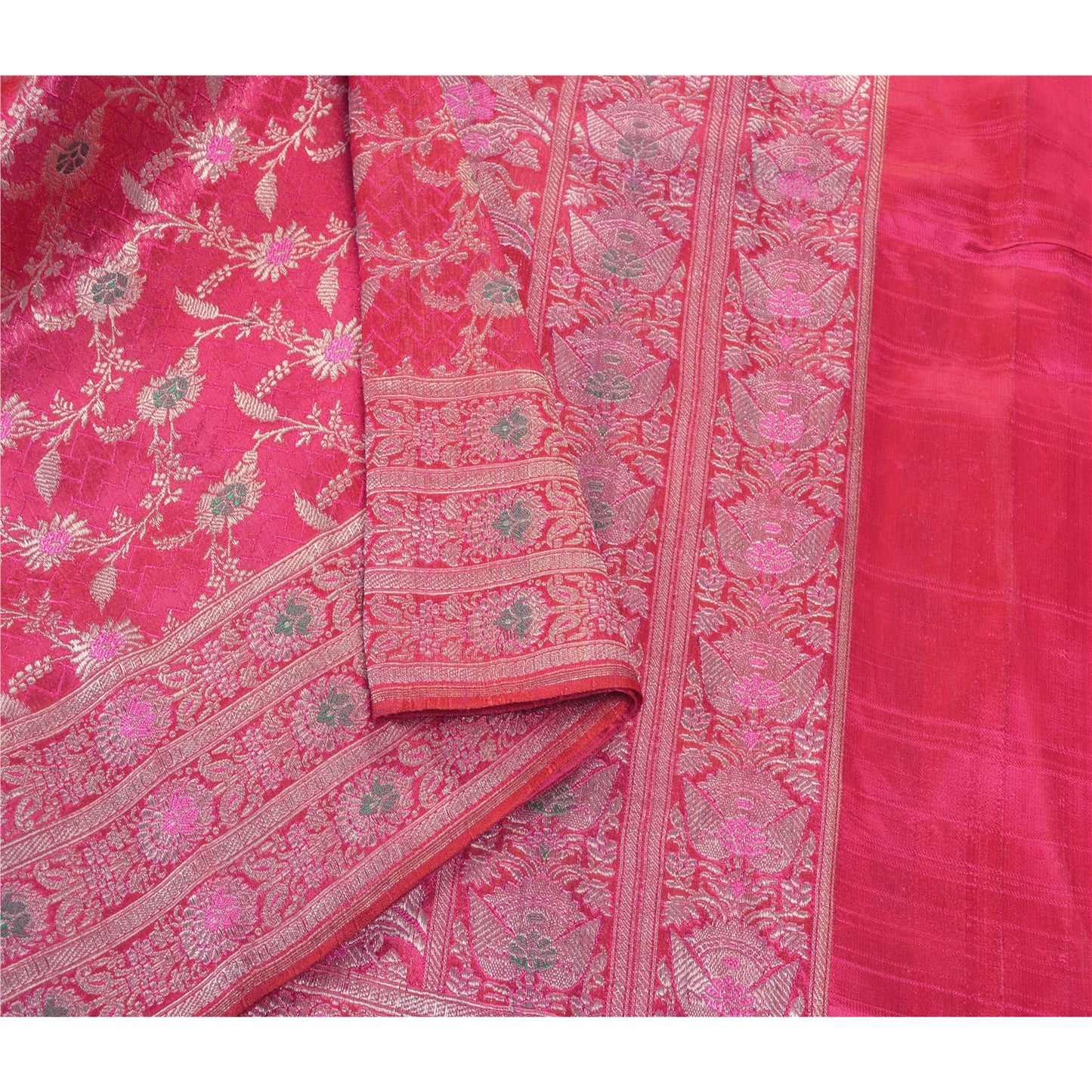 Sanskriti Vintage Indian Sarees Satin Pink Woven Brocade/Banarasi Fabric Sari