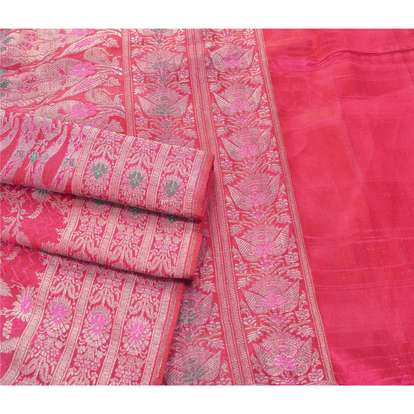 Sanskriti Vintage Indian Sarees Satin Pink Woven Brocade/Banarasi Fabric Sari