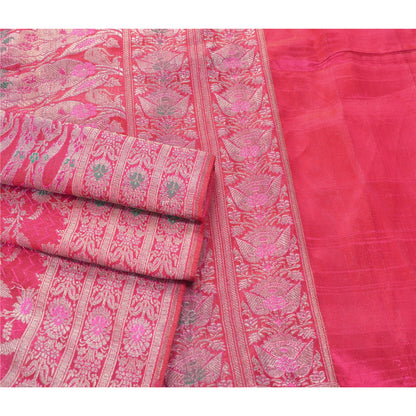 Sanskriti Vintage Indian Sarees Satin Pink Woven Brocade/Banarasi Fabric Sari