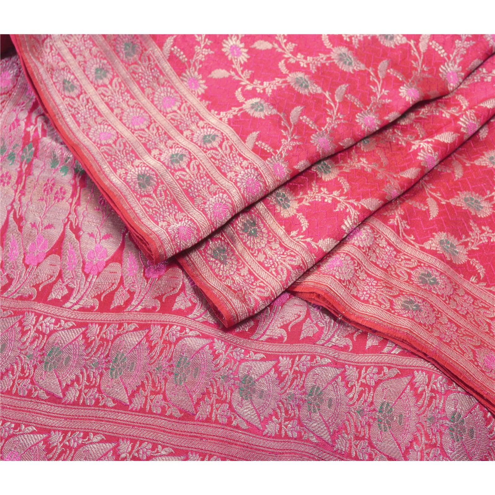 Sanskriti Vintage Saree Indian Sarees Satin Pink Woven Wedding Brocade/Banarasi Sarees Fabric 5YD Craft Sari Upcycled Sarongs Scarves