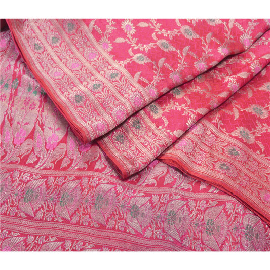 Sanskriti Vintage Indian Sarees Satin Pink Woven Brocade/Banarasi Fabric Sari