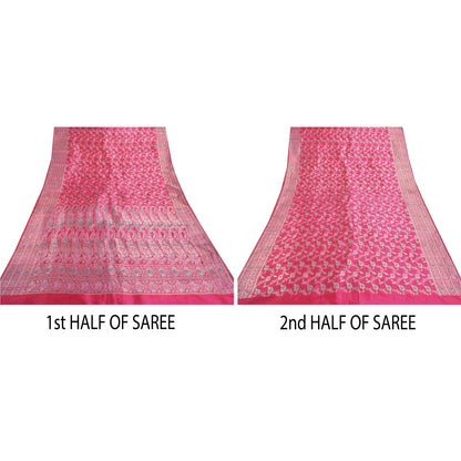Sanskriti Vintage Indian Sarees Satin Pink Woven Brocade/Banarasi Fabric Sari