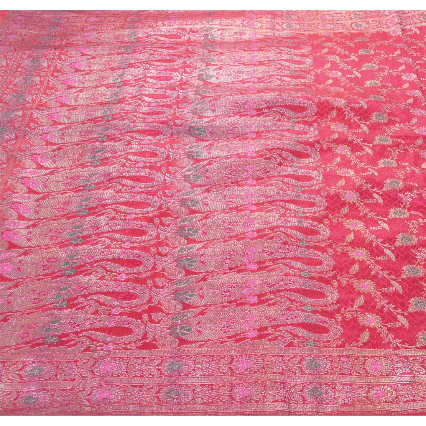 Sanskriti Vintage Indian Sarees Satin Pink Woven Brocade/Banarasi Fabric Sari